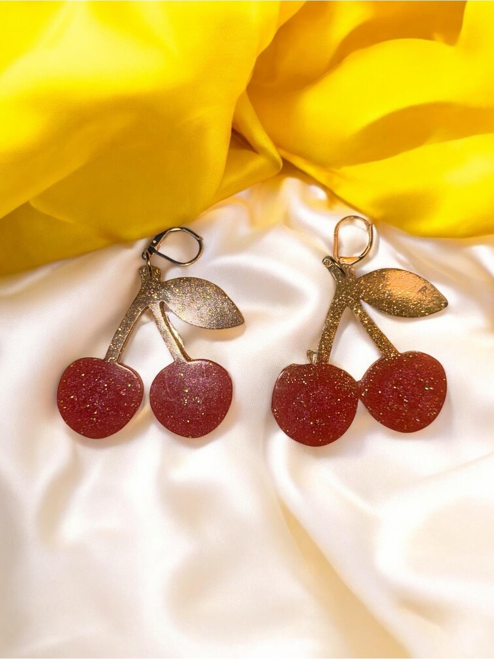 Handmade Red & Gold Glitter Cherry Resin Statement Earrings - Picture 3 of 5
